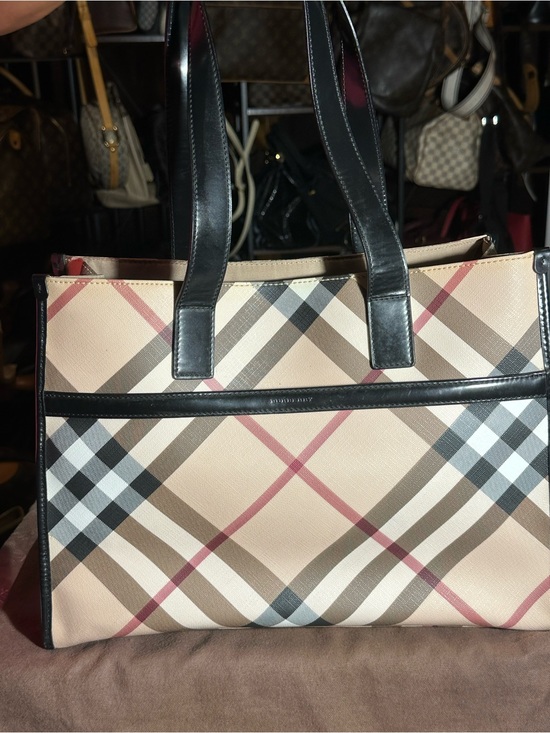 Burberry Handbags - Burberry Beige Large Nova Check Tote with Black Trim and Red Accents